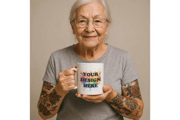 Download White Mug Mockup – Grandma with Tattoos - Mockup Collection