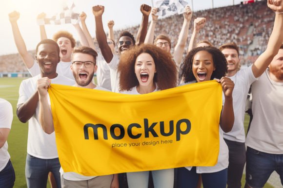 Download Football Fans Hold a Flag Mockup - Mockup Collection