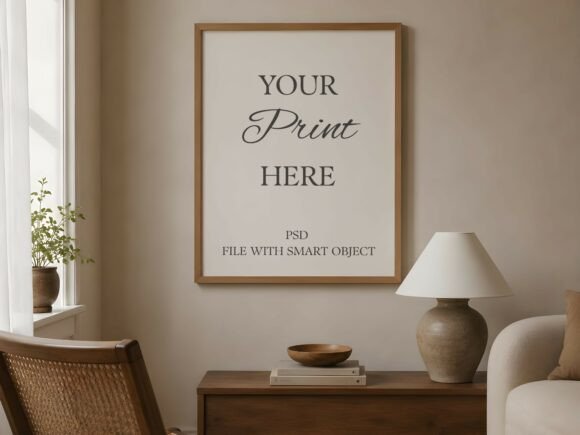 Download Vertical Wood Frame Mockup Japandi Room - Mockup Collection