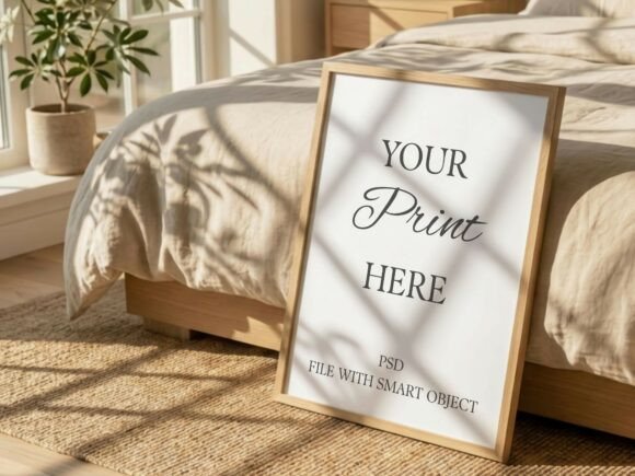 Download Bedroom Poster Mockup with Warm Shadows - Mockup Collection