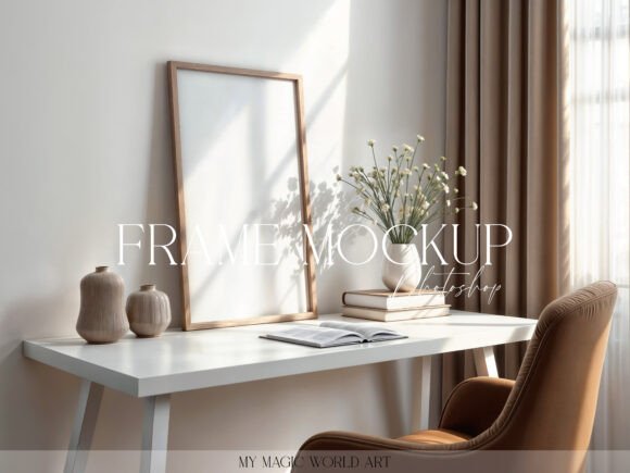Download Psd Mockup Frame on the Table Desk - Mockup Collection