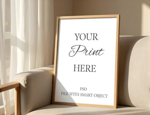 Download Cozy Wood Frame Mockup on Armchair - Mockup Collection
