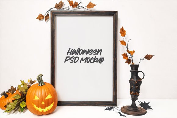 Download Halloween Frame PSD Mockup with Pumpkins - Mockup Collection