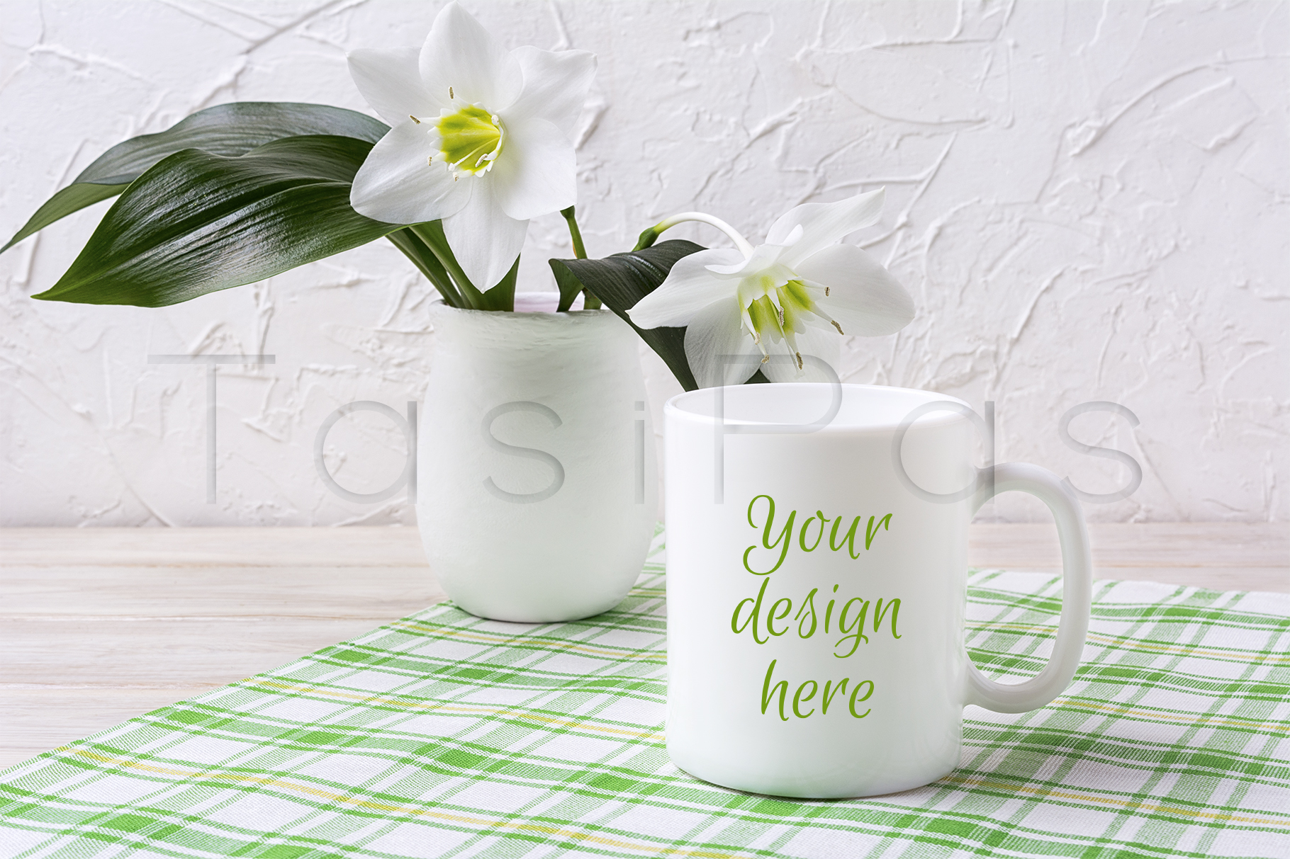 Download White Mug Mockup with Lily in Vase on Green Checkered Napkin - Mockup Collection