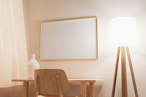 Download Frame Mockup in Beige Wood Interior - Mockup Collection