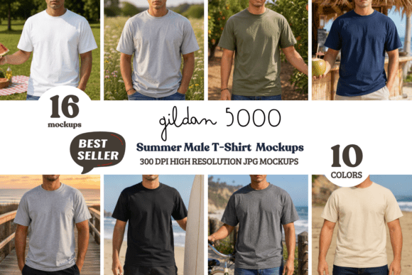 Download Gildan 5000 Summer Male Mockup Bundle - Mockup Collection
