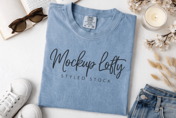 Download C1717 Blue Jean Flat Lay T-shirt Mockup - Mockup Collection